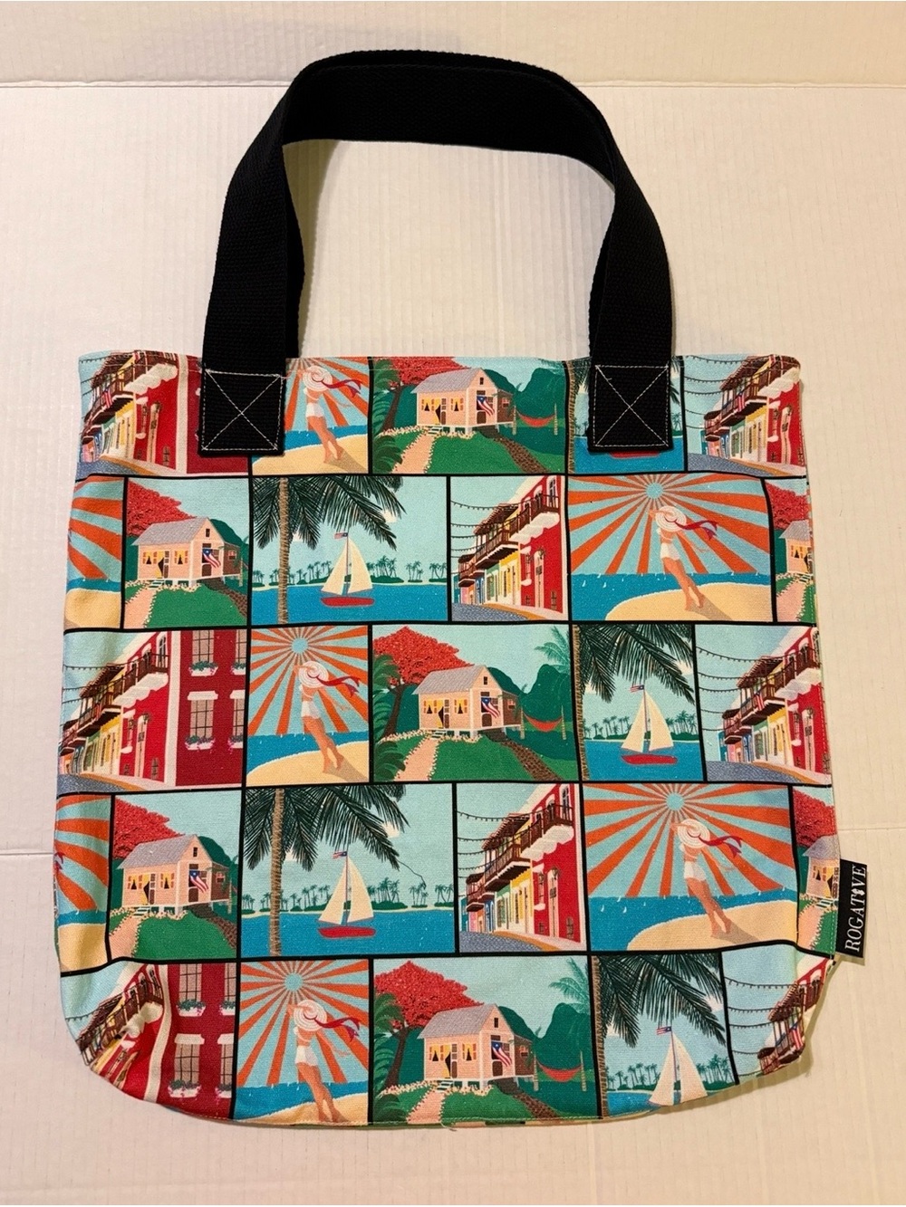 Rogative Puerto Rico Caribbean Tropical Comic Print Tote Bag Canvas Black Straps